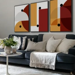 Conjunto 3 Quadros Decorativos Coleção Abstrato Geométrico n01 n02 n04 – Vermelho e Laranja